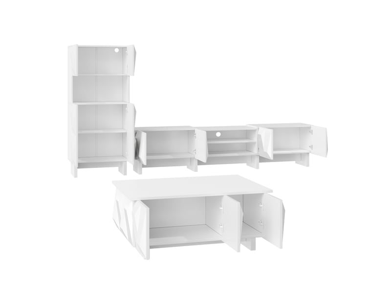  Ensemble de meubles de salon tcqpz 3 pièces avec meuble tv, vitrine et table basse, façades 3d géométriques, blanc  - Conforama A