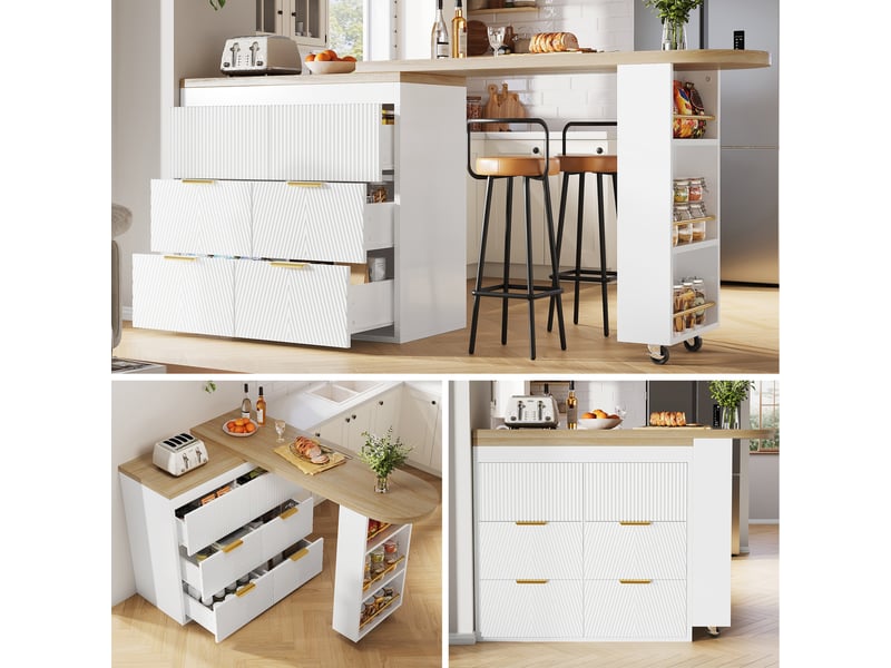  Table de bar pivotante 128-203x39x90 cm en mdf et métal avec 6 tiroirs blanc chicfurn  - Conforama D