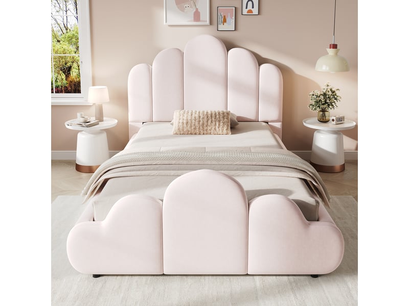 Lit enfant velours rose 90x200 cm - cadre capitonné design nuage avec sommier  - Conforama B