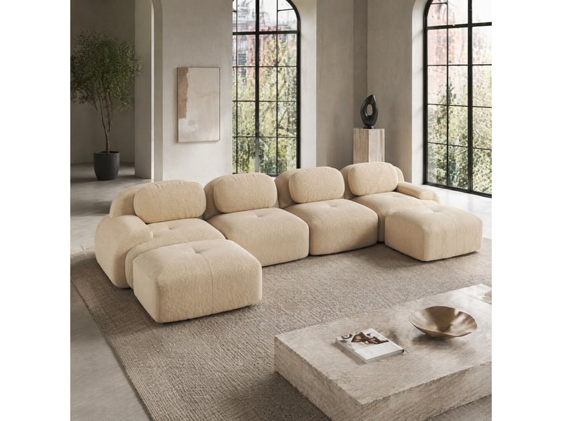  Canapé en u modulaire 4 places en velours côtelé beige sans cadre, prêt à l'emploi pour votre salon élégant  - Conforama B