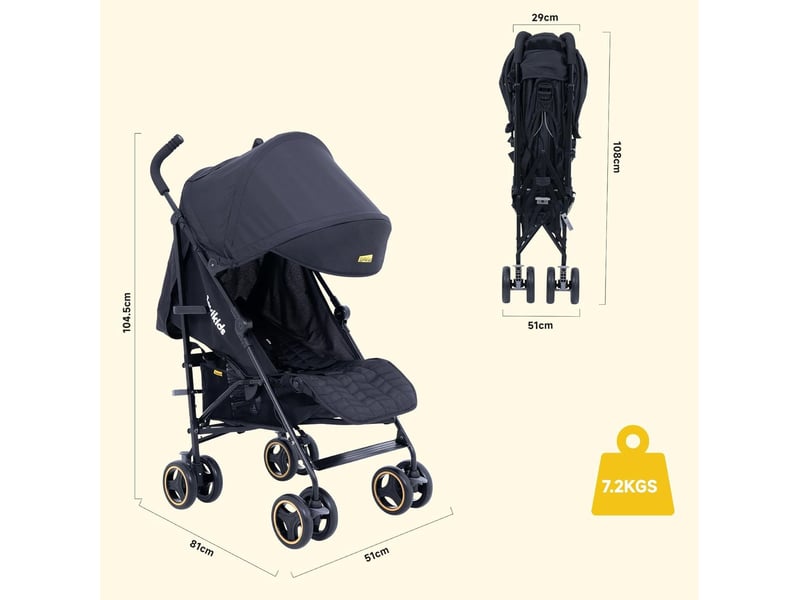 Poussette canne pliable 81 x 51 x 104,5 cm noire en tissu oxford 300d, dossier inclinable et roues eva - Conforama C