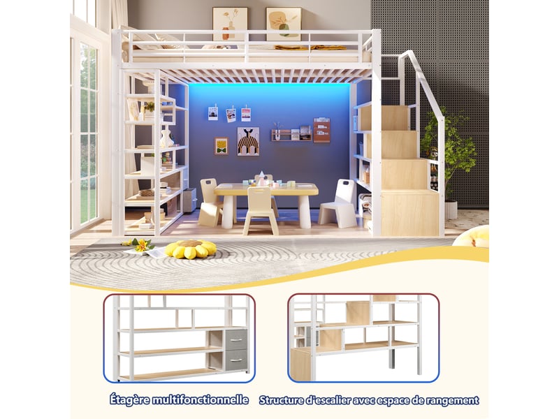 Lit mezzanine enfant 140x200 cm, escalier avec rangement, 2 tiroirs en tissu, étagères, led, espace ouvert, métal blanc Radiant Stride - Conforama E
