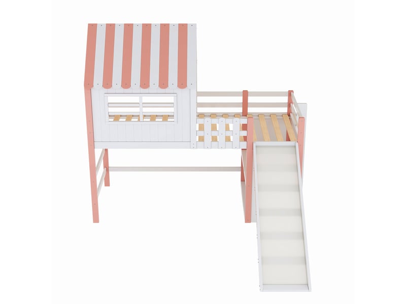  Lit enfant mezzanine 90x200 cm avec toboggan allongé, échelle et espace rangement, bois, rose et blanc, sans matelas  - Conforama D
