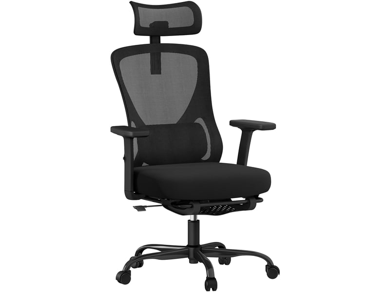 Chaise de bureau ergonomique en maille respirante avec appui-tête, repose-pieds et charge 150 kg 616441 Black - Conforama A