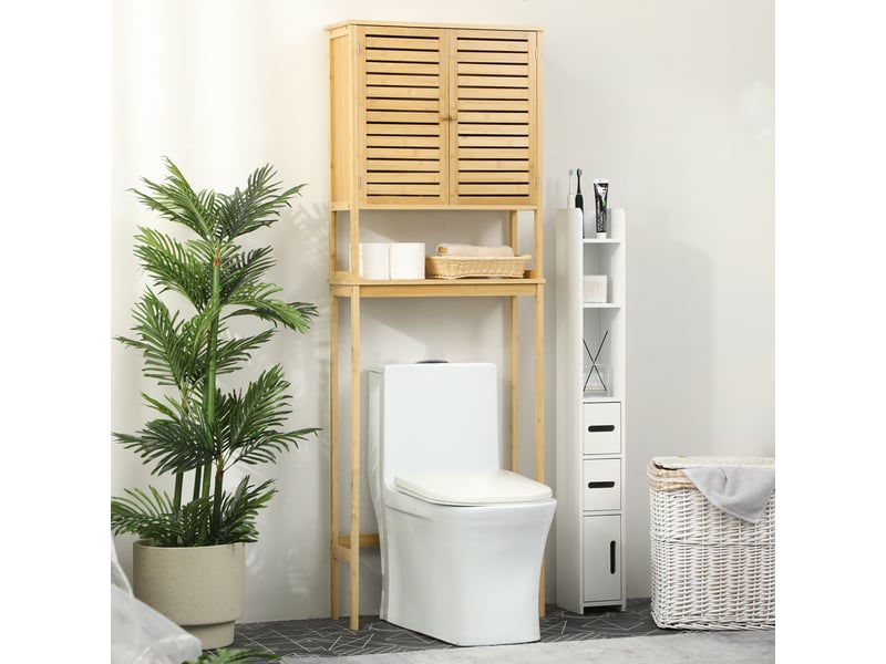  Étagère de toilettes meuble de salle de bain dessus toilette wc avec placard 2 portes et ouverte étagère 60 x 23 x 173 cm bambou  - Conforama A
