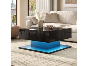 Table basse relevable 72x72 cm – noir – led via application, 2 tiroirs et rangements intégrés