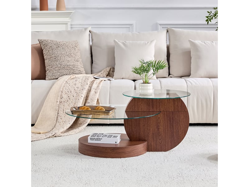 Table basse avec 2 plateaux en verre securise, structure en mdf, finition noyer, design minimaliste, transparent - uvrion - Conforama D