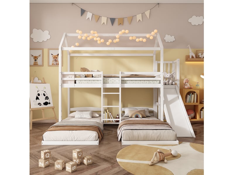  Lit superposé enfant 90x200 cm – blanc – 3 couchages, toboggan, toit et rangement – sans matelas  - Conforama B