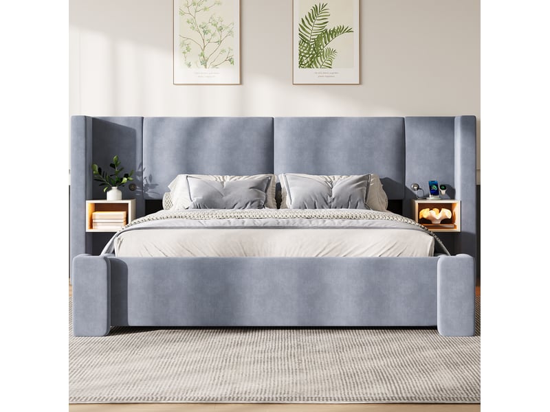  Lit coffre 140 × 200 cm 2 places avec rangement hydraulique, led réglable et tables de chevet, sans matelas, en lin gris  - Conforama C