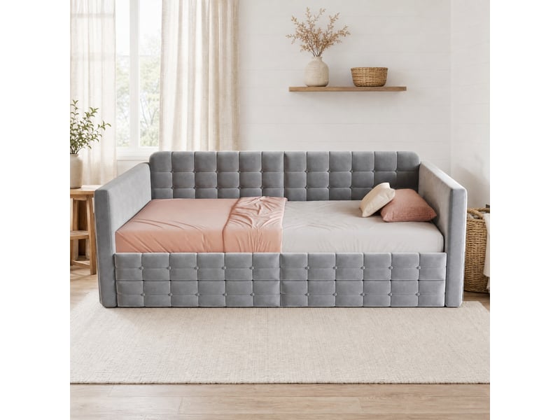  Lit simple 90x190 cm avec 2 tiroirs et poches latérales en velours gris  - Conforama B