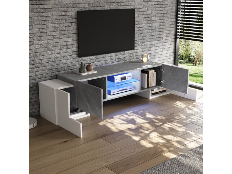  Meuble tv bas 180 x 40 x 46,5 cm avec led bluetooth, 4 portes, blanc et gris  - Conforama D