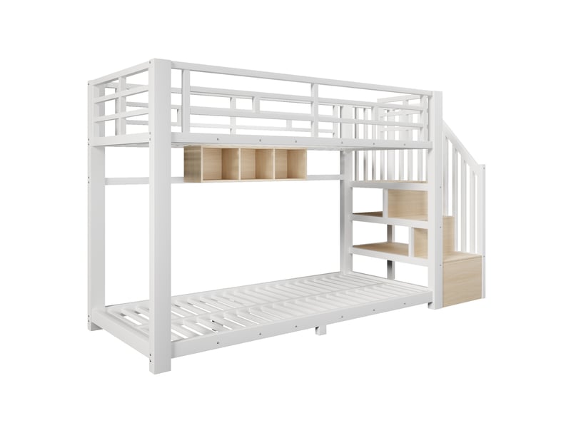  Lit superposé enfant 90x200cm en métal avec led et escalier rangement,lit mezzanine avec barrières,garde-corps,marches,sans matelas,blanc  - Conforama A