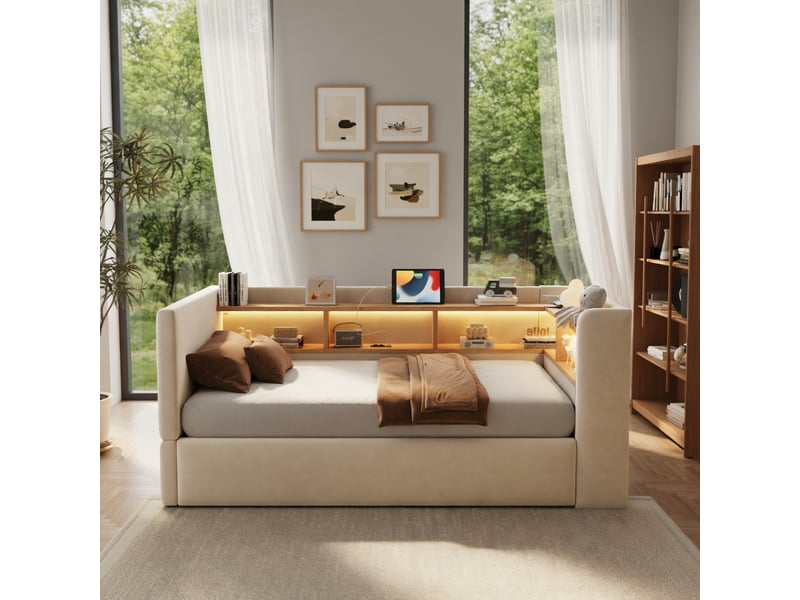 Canapé-lit 90 × 190 cm, équipé d'un éclairage led, d'une prise électrique et d'un espace de rangement, beige - Conforama B
