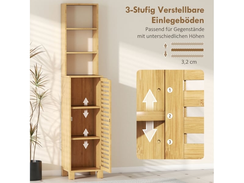  Armoire de salle de bain étroite 34x30x170 cm, porte persienne, bambou, naturel  - Conforama C