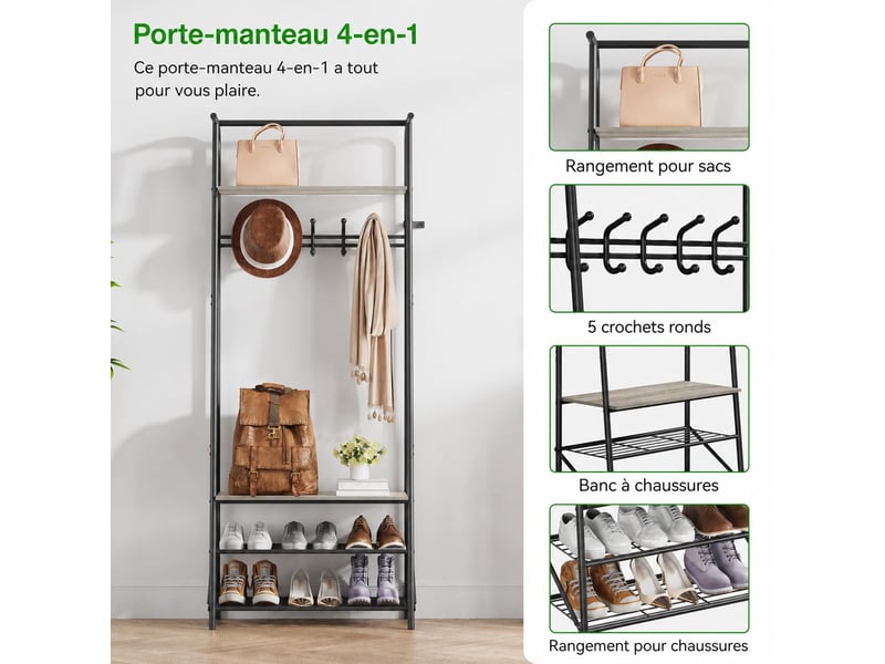  4-en-1 vestiaire d’entrée avec range chaussures, porte-manteau à 5 crochets, 180 x 63 x 30 cm, gris  - Conforama D
