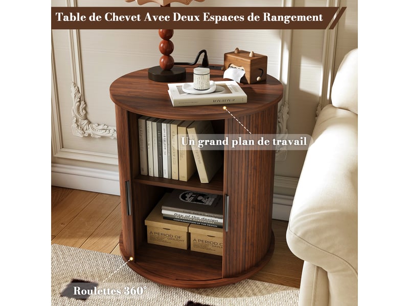 Table de chevet ronde pivotante avec station de charge intégrée, 2 niveaux de rangement et roulettes freinables - Conforama B