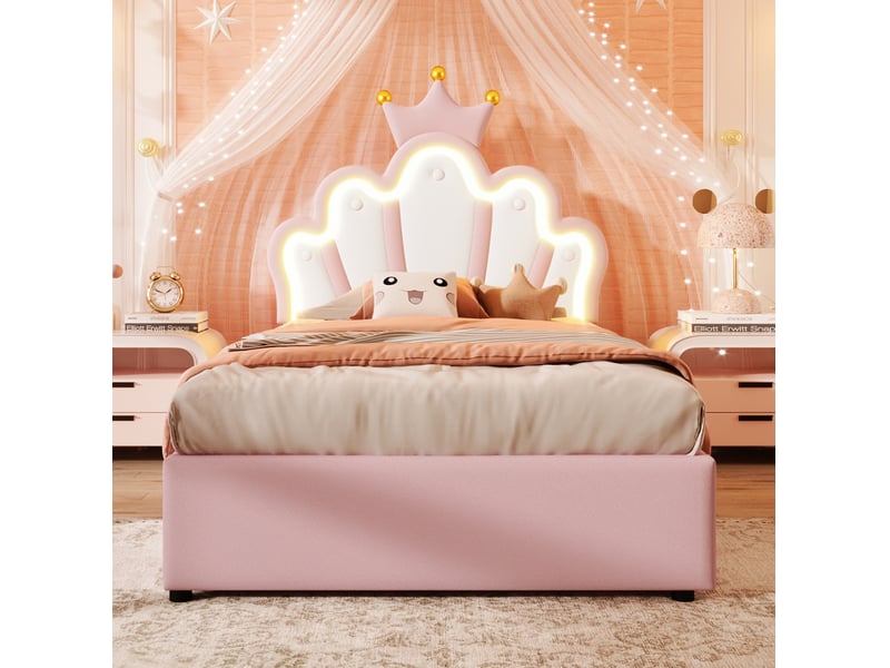  Lit coffre enfant 90x200 cm avec led et tête de lit couronne rose  - Conforama E