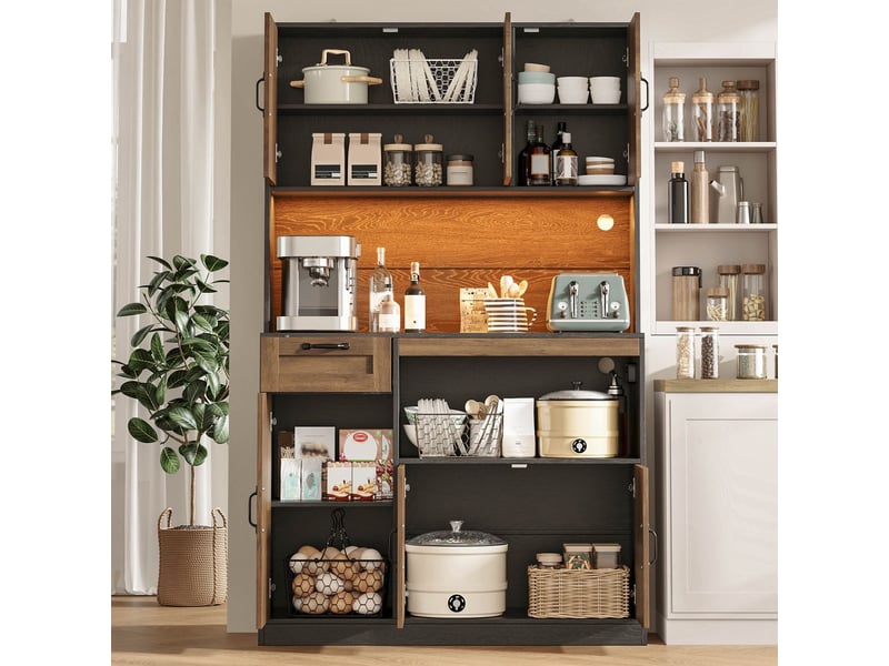  Vitrine 110 x 40 x 180 cm éclairage led meuble de rangement 6 portes 1 tiroir prises intégrées rangement haut rangement à provisions  - Conforama B