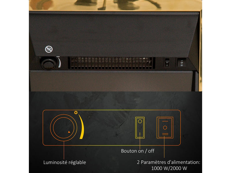  Cheminée électrique effet de flamme style néo rétro thermostat 1000-2000 w noir or  - Conforama R