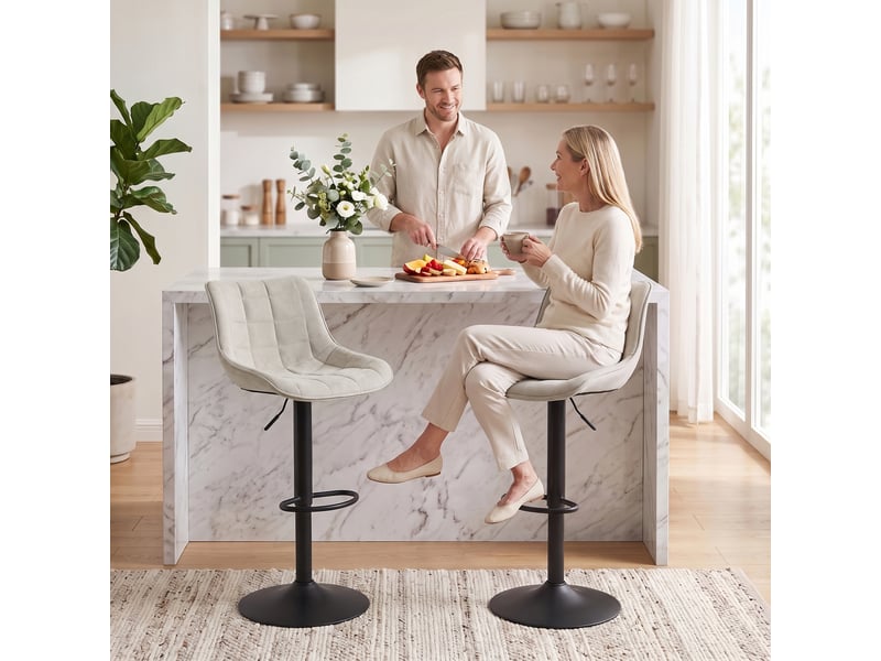  Ensemble de 2 tabourets de bar pivotants et réglables avec base et dossier en métal, blanc crème  - Conforama D