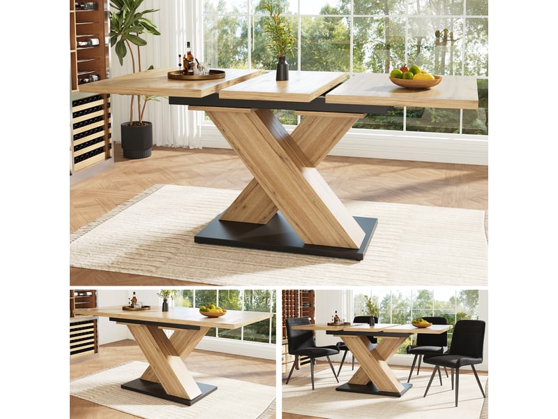  Table à manger extensible 119-158,5 cm en mdf effet bois avec pied central croisé, table téléscopique pour cuisine et salle à manger - bois naturel  - Conforama D