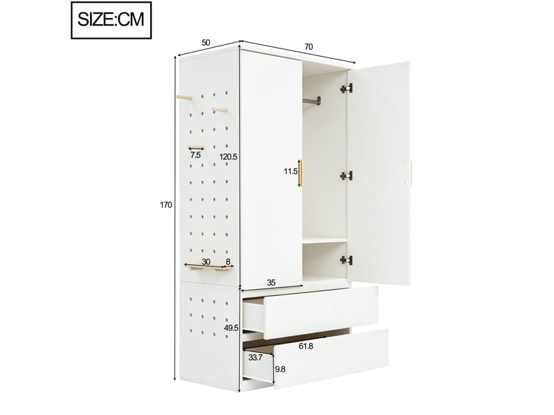 Armoire 2 portes, penderie, 2 tiroirs, rangement caché et panneau perforé pour chambre en mdf blanc 70 × 50 × 170 cm - Conforama C