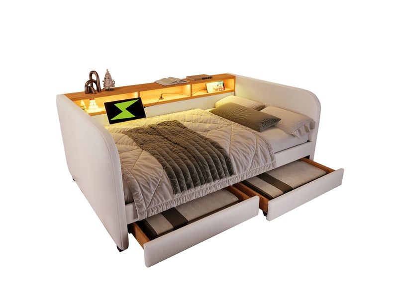  Lit double 140x190 capitonné avec led, tête de lit de rangement et 2 tiroirs, tissu lin beige clair  - Conforama A