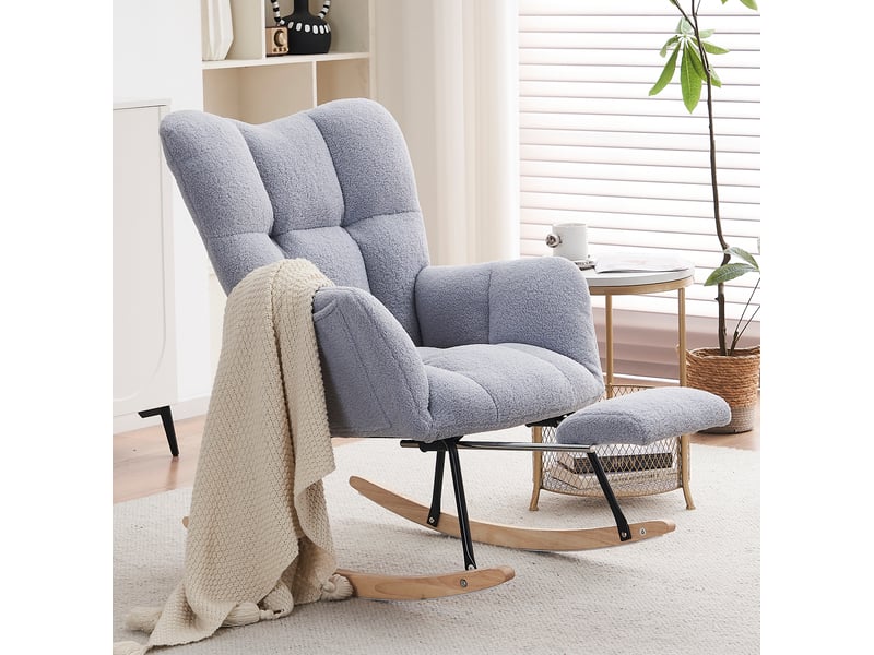 Fauteuil à bascule grise en tissu teddy avec repose-pieds pliable - Conforama B