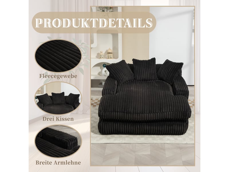  Méridienne 1 place 155 cm-canapé lounge en velours côtelé avec 3 coussins-noir  - Conforama D