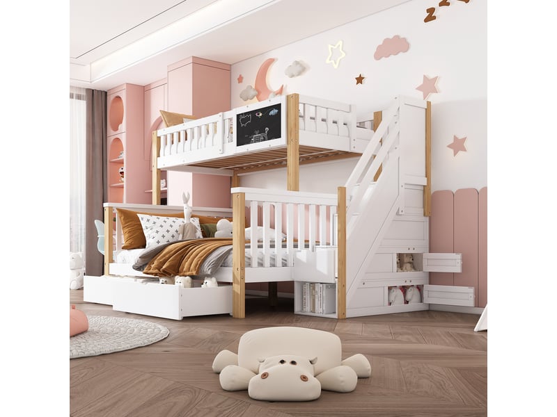  Lit superposé 90x200 cm + 140x200 cm, lit enfant multifonctionnel avec tableau noir et tiroirs, lit double, sans matelas, blanc + chêne clair  - Conforama E