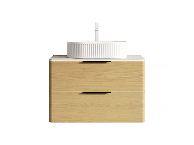 Meuble sous vasque avec 2 tiroirs et vasque ovale en céramique, plateau en pierre frittée, salle de bain, beige et chêne - Conforama A