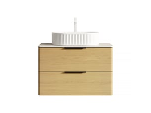 Meuble sous vasque avec 2 tiroirs et vasque ovale en céramique, plateau en pierre frittée, salle de bain, beige et chêne