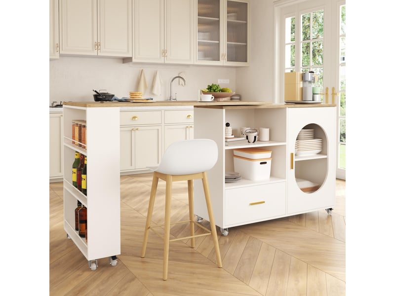 Îlot de cuisine - 120 x 60 x 90 cm - meuble de cuisine pivotant à 360° avec tiroir et porte en verre cannelé - naturel et blanc - Conforama C