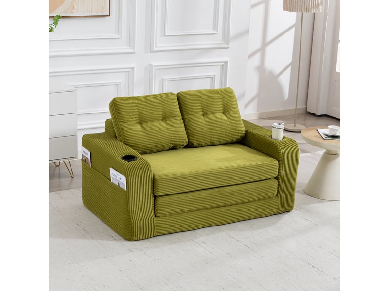 Canapé deux places en velours côtelé vert olive, canapé modulable avec assise 100 cm, coussins moelleux et porte-gobelets - Conforama R