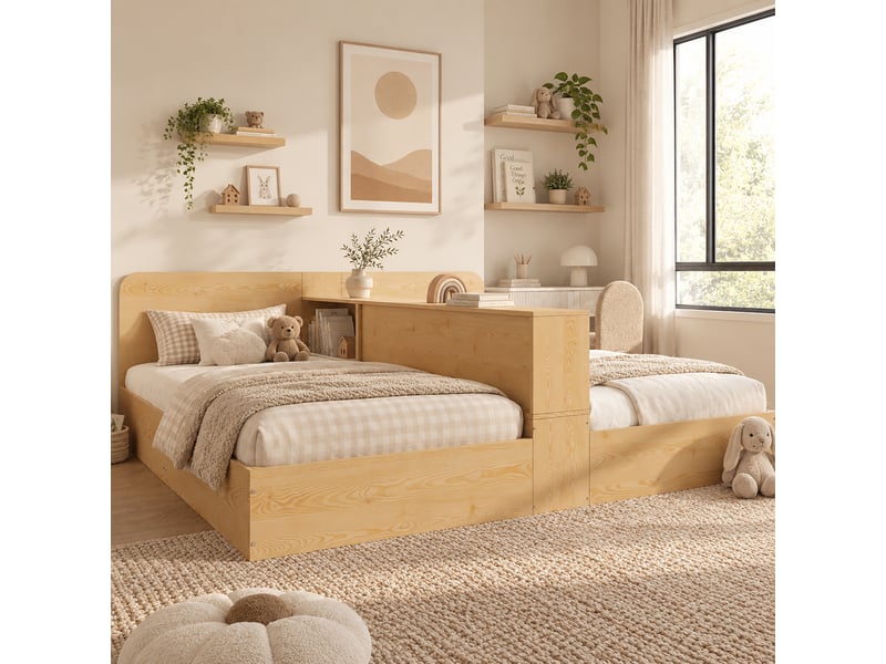 Lit pour 2 enfants avec 2 couchages 90x200cm, séparation centrale et niches de rangement des deux côtés, cadre en bois, naturel evarich - Conforama E