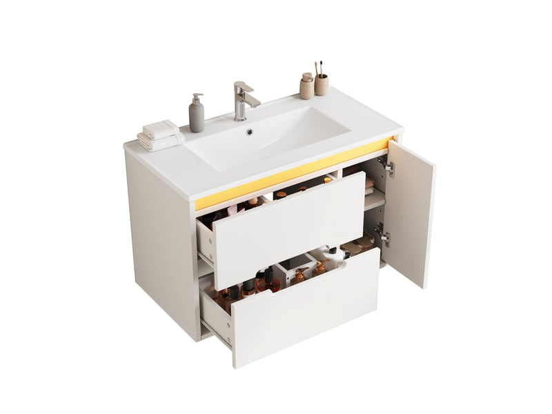  Meuble sous lavabo mural 81 x 47 x 51 cm - blanc - vasque en céramique, led pilotée par application  - Conforama A
