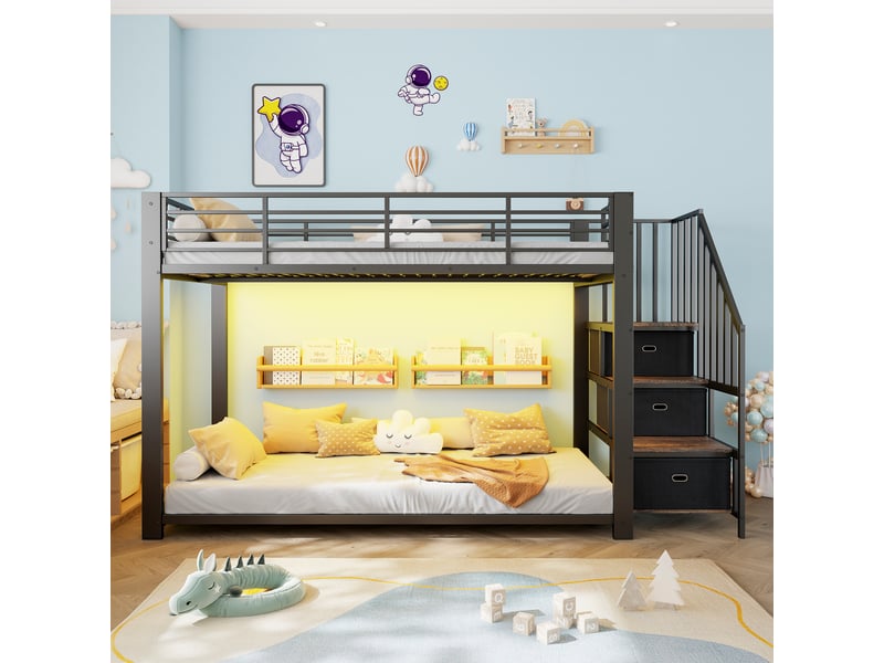  Lit superposé adulte 90x200 cm noir avec escalier, rangement, led et prises Fay Lum - Conforama D