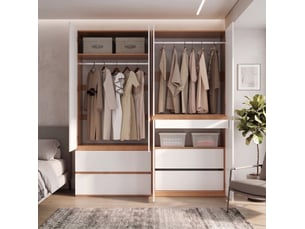 Armoire 6 portes blanche et bois clair, 2 penderies, 5 tiroirs, 180 x 50 x 200 cm pour votre rangement