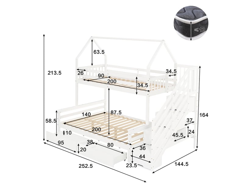  Lit superposé enfant 90x200 cm et 140x200 cm, lit cabane avec escalier de rangement et 2 tiroirs de lit, bois de pino et mdf, blanc  - Conforama E