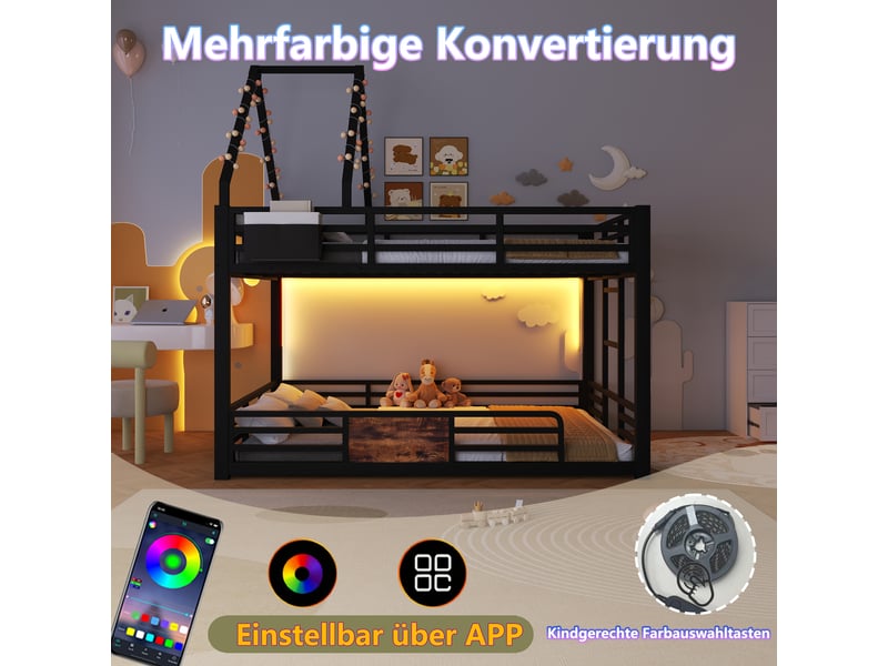 Lit superposé enfant 140x200 cm métal led, design maison, lit cabane mezzanine enfant, cadre toit diy, poches rangement, garde-corps sécurisé - noir - Conforama E
