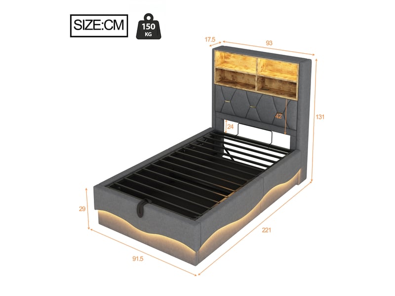  Lit coffre rembourré 90 x 200 cm, coffre à relevage hydraulique, éclairage led, commande par application, ports usb, tissu effet lin, gris ABC - Conforama C
