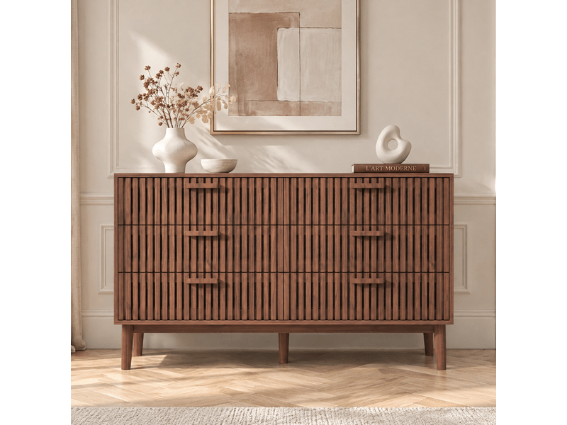  Commode 6 tiroirs en bois à panneaux à lames, commode basse de rangement - style scandinave et luxe, meuble à tiroirs pour chambre adulte, dressing et bureau, finition chêne ou noyer  - Conforama E