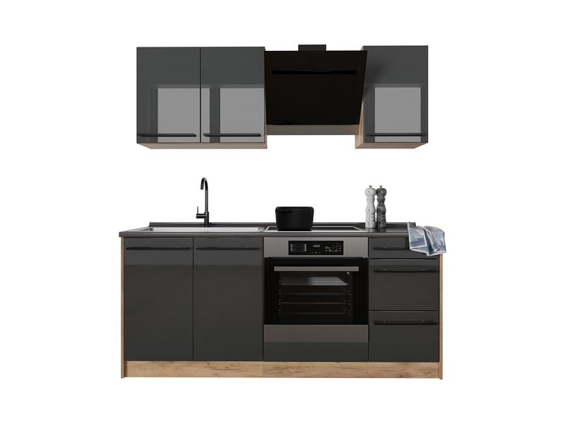 Vicco cuisine, anthracite haute brillancechêne doré, 180cm plan de travail marbre - Conforama E