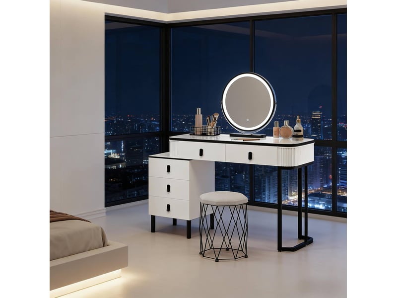 Coiffeuse blanc et noir avec miroir led, 5 tiroirs et tabouret - Conforama D