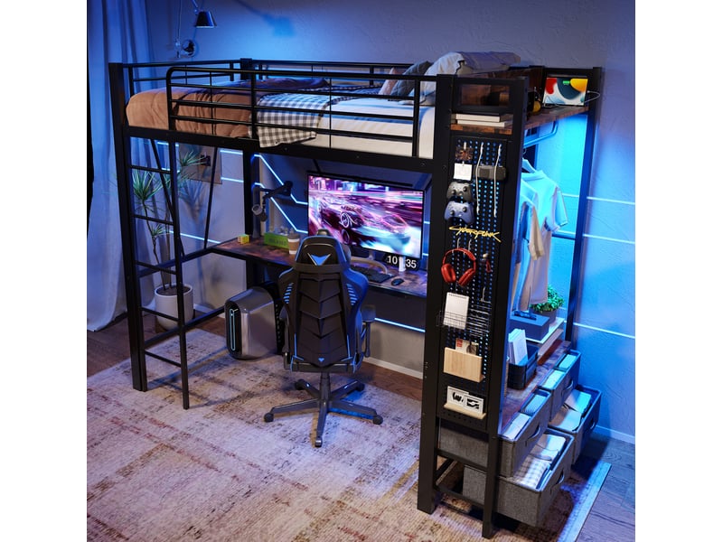  Lit mezzanine 90 x 200 cm bureau 4 tiroirs penderie panneau perforé led prise usb-c échelle métal mdf noir sans matelas  - Conforama D