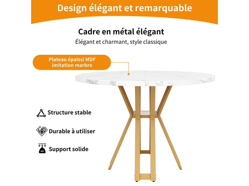  Table ronde, table légère et élégante, idéale pour 4 à 6 personnes, pieds dorés, plateau en mdf effet marbre  - Conforama B