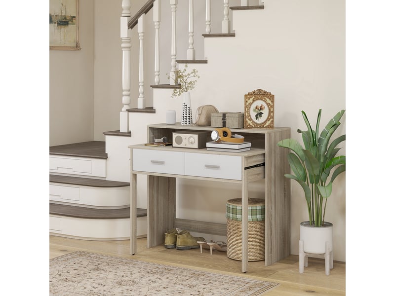  Table console avec plateau coulissant et 2 tiroirs, table de couloir avec rangement, 95l x 35p x 87h cm, aspect chêne  - Conforama D