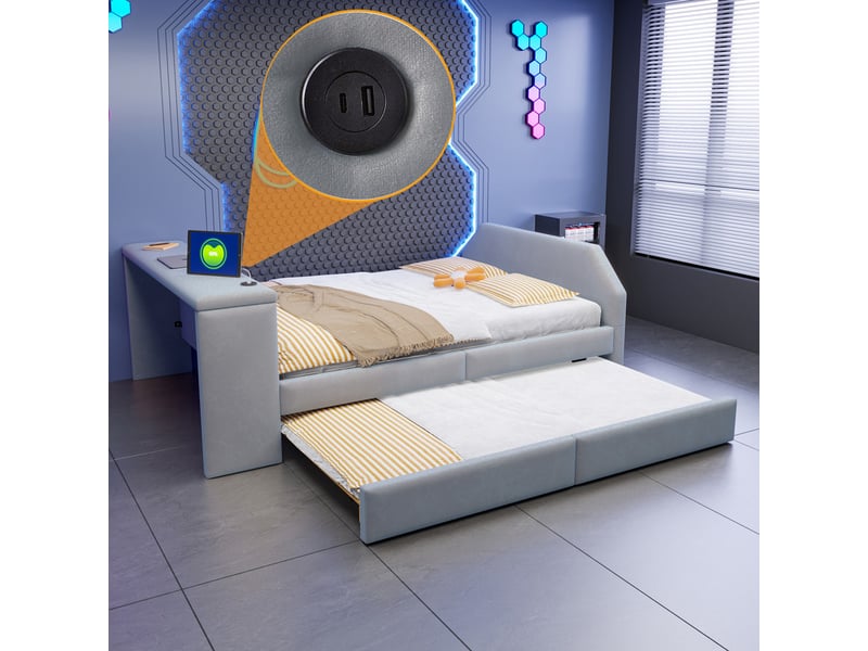  Lit pour enfant rembourré 140x200 cm – avec port de charge usb – avec lit gigogne – velours – gris (matelas non inclus)  - Conforama W