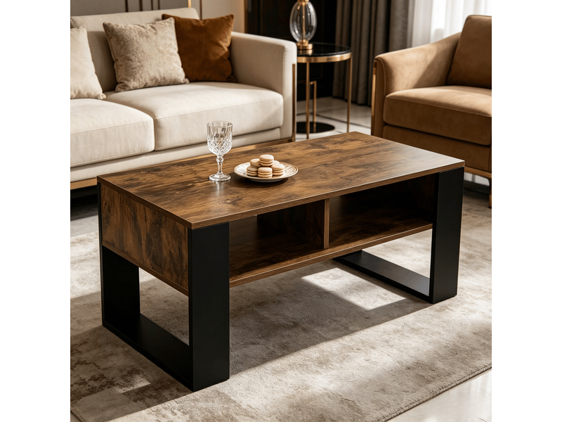  Table basse avec 2 niches de rangement pour salon en bois 90×45×45 cm noir et brun rustique  - Conforama B