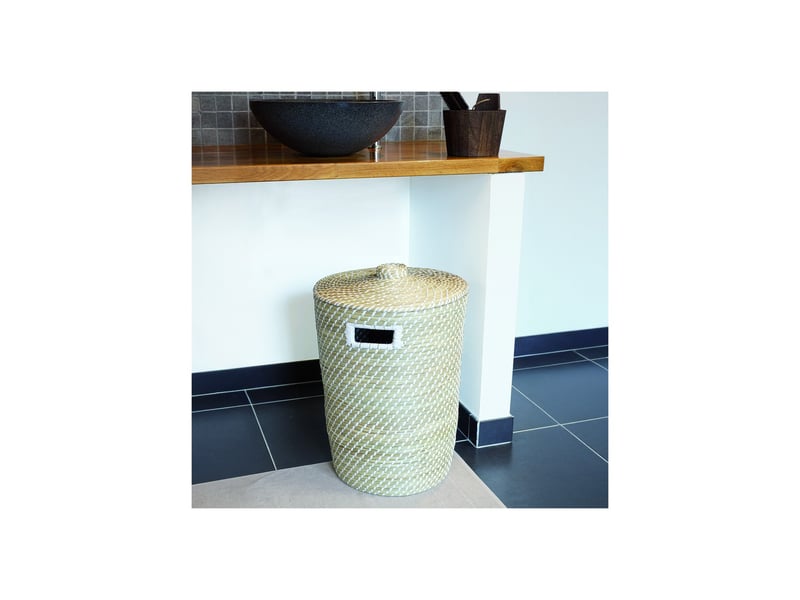 Panier à linge phuket en jonc de mer naturel tressé blanc 40 x 40 x 50 cm 32674 - Conforama E